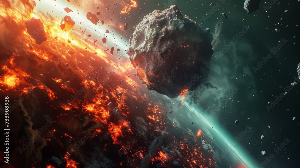 a huge gigantic burning asteroid in space flyng towards the planet earth. collides with surface. wallpaper background