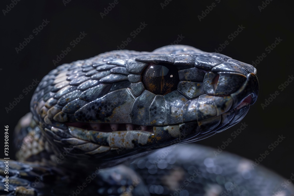 Snake profile portrait on black background - generative ai Snake profile portrait on black background - generative ai