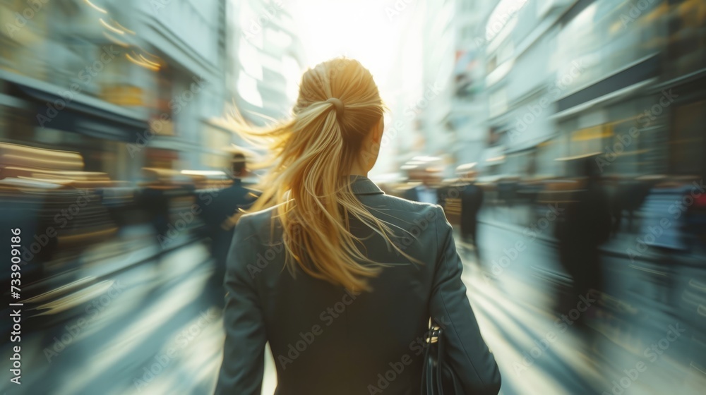 Dynamic Urban Commute, businesswoman in motion, blurred against the backdrop of a bustling city, symbolizing the pace of urban professional life Dynamic Urban Commute, businesswoman in motion, blurred against the backdrop of a bustling city, symbolizing the pace of urban professional life