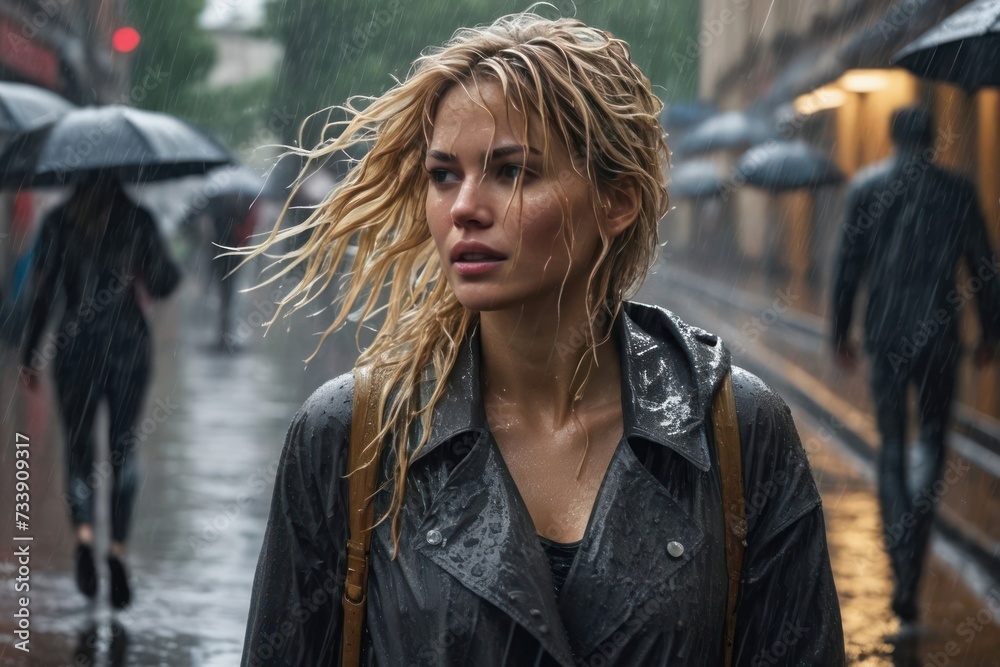 Portrait of pretty blond wet woman on a city street in a rainy weather. Generative AI
