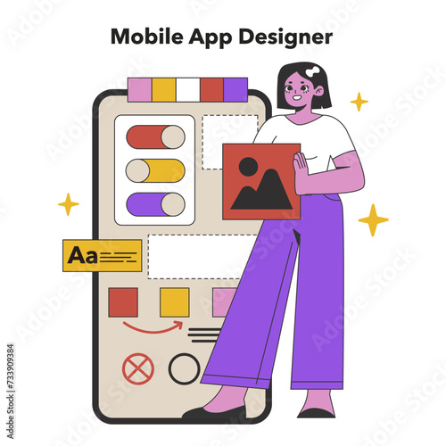 Mobile App Designer in Creative Process. A tech-savvy artist designs an engaging user interface on a smartphone, showcasing innovation in app development. Flat vector illustration