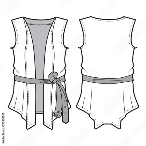 Female waistcoat front and back view technical flat drawing vector template