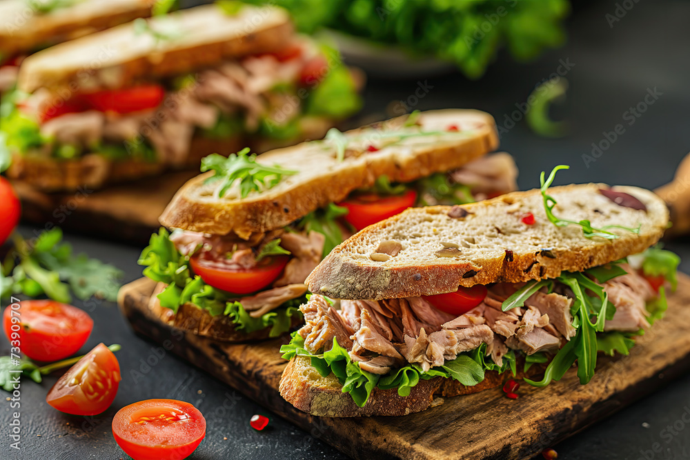 A delicious flaked white tuna salad sandwich with tomato, lettuce, mayonnaise and pickles on a wooden cutting board