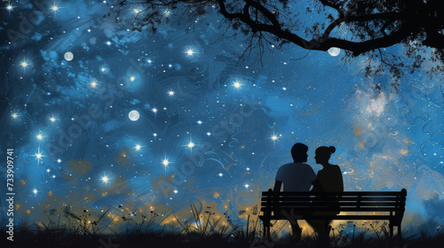 A man and a woman sitting on a bench and looking at the stars on the night sky