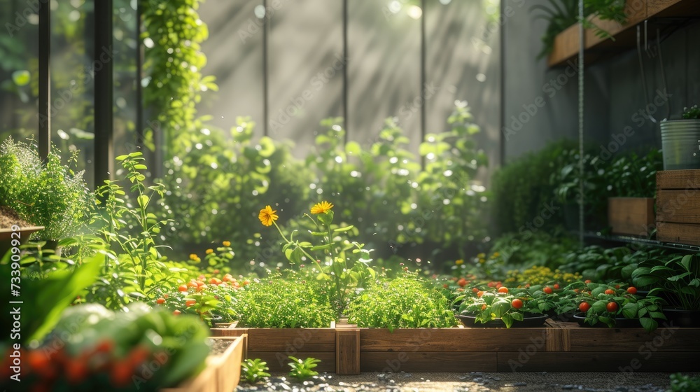 Urban Garden Oasis in Morning Light, Lush urban garden beds thriving with vibrant flowers and fresh vegetables, bathed in the soft glow of morning sunlight filtering through a serene greenhouse