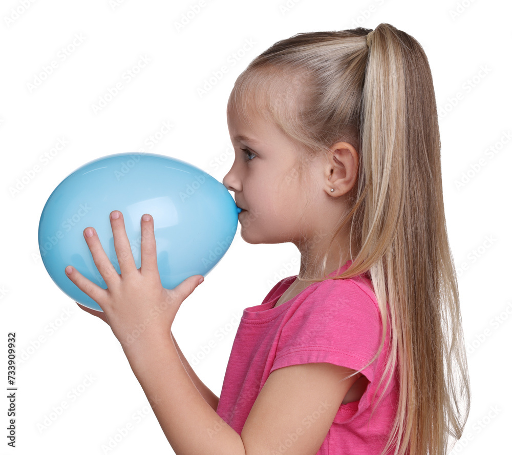 Cute little girl inflating light blue balloon on white background Cute little girl inflating light blue balloon on white background