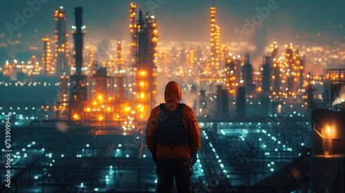 Contemplating the Industrial Night Lights, solitary figure gazes upon the dazzling lights of an expansive oil refinery, reflecting the scale and energy of industrial work at night