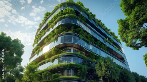 An eco-friendly office building enhanced with trees aimed at reducing carbon dioxide levels and promoting a green, sustainable environment.