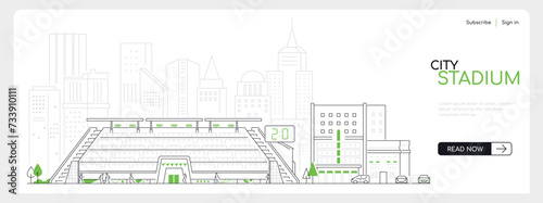 City stadium - modern thin line design style vector banner on white urban background. Composition with stands for fans and a platform for athletes, parking and a panorama of the city. Urban life