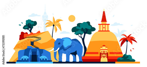 Antiquities and features of Sri Lanka - modern colored vector illustration with White Dagoba and Sigiriya. Historic fortress and asian temple. Elephant and palm trees, nature, national color