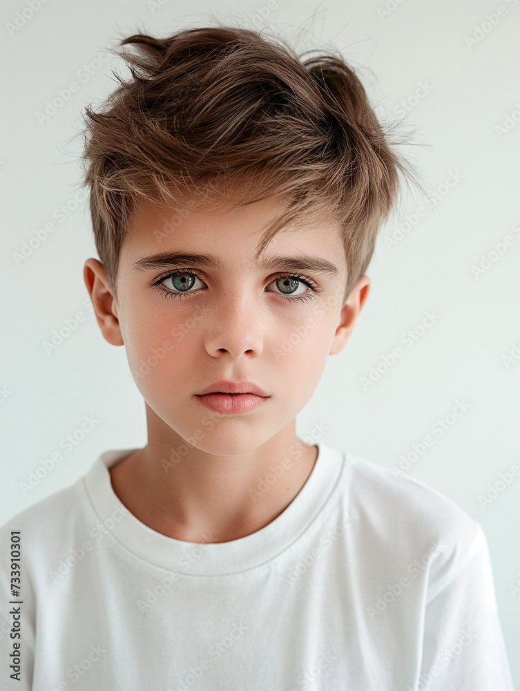Little cute boy child kid baby wearing white shirt clothes isolated on white background, children studio portrait for advertising photography. Little cute boy child kid baby wearing white shirt clothes isolated on white background, children studio portrait for advertising photography.