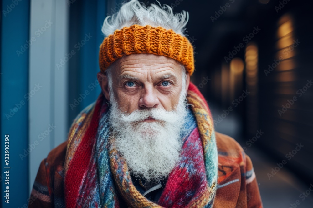 Portrait of an old man with a long white beard and mustache in a knitted hat and scarf on the street