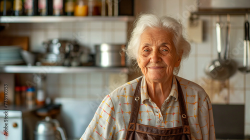 Old italian Grandma, Nonna stands in the kitchen, cooking italian traditional food and smiling into the camera, people lifestyle woman photography photo
