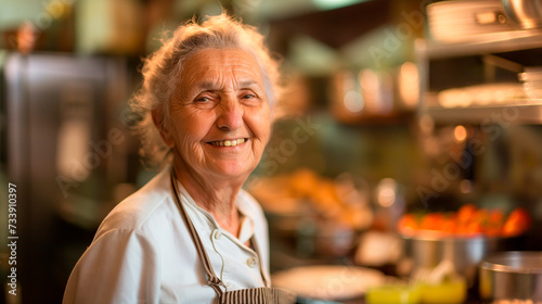 Old italian Grandma, Nonna stands in the kitchen, cooking italian traditional food and smiling into the camera, people lifestyle woman photography