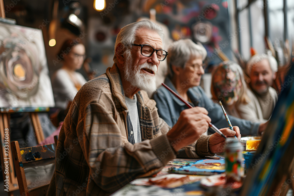 Senior concept - diverse group of seniors have painting class