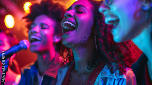 a group of diverse young friends singing at a karaoke party in a night club, laughing and having fun together