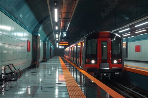 Modern glossy subway train at empty subway station
