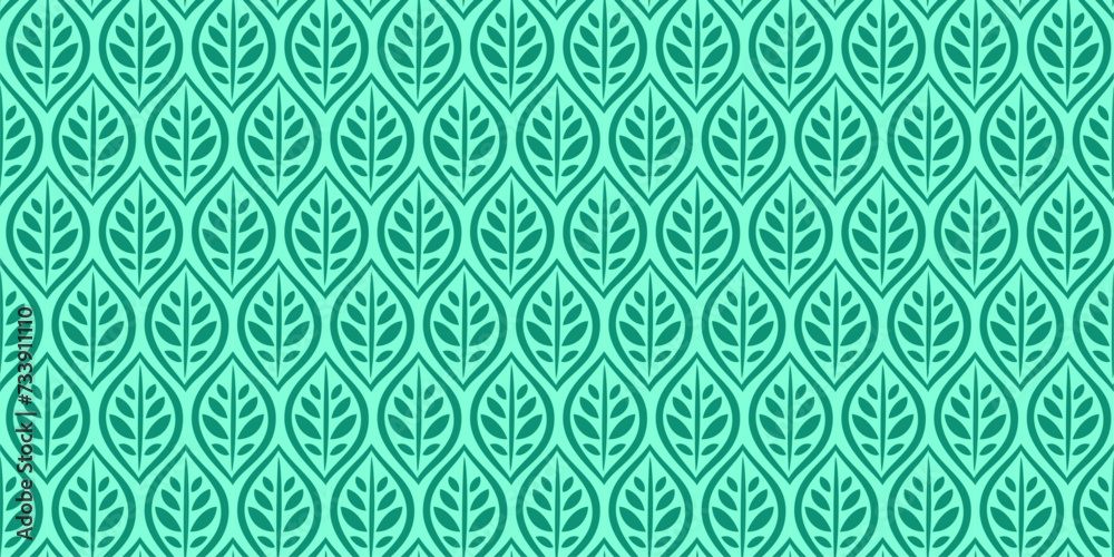 Stylish green leaves background simplified leaves seamless vector pattern with green outline - obrazy, fototapety, plakaty 