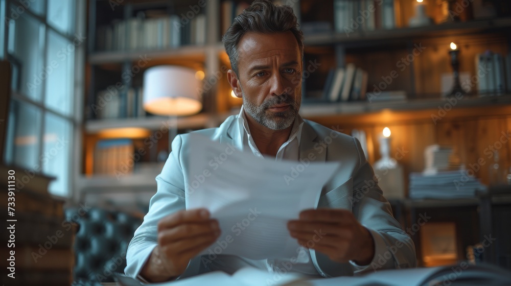 a businessman sitting in his office reading some documents a businessman sitting in his office reading some documents
