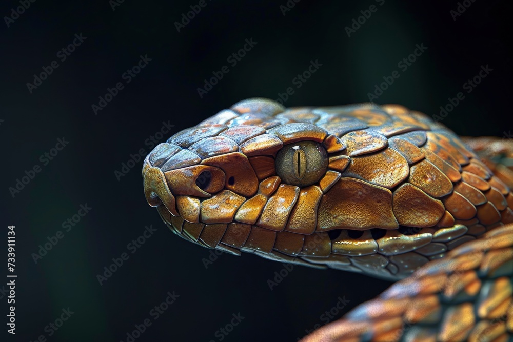 Snake profile portrait on black background - generative ai Snake profile portrait on black background - generative ai