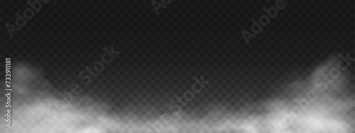 Fog or smoke, white smog clouds on floor, isolated transparent special effect. Vector illustration, morning fog over land or water surface, magic haze.