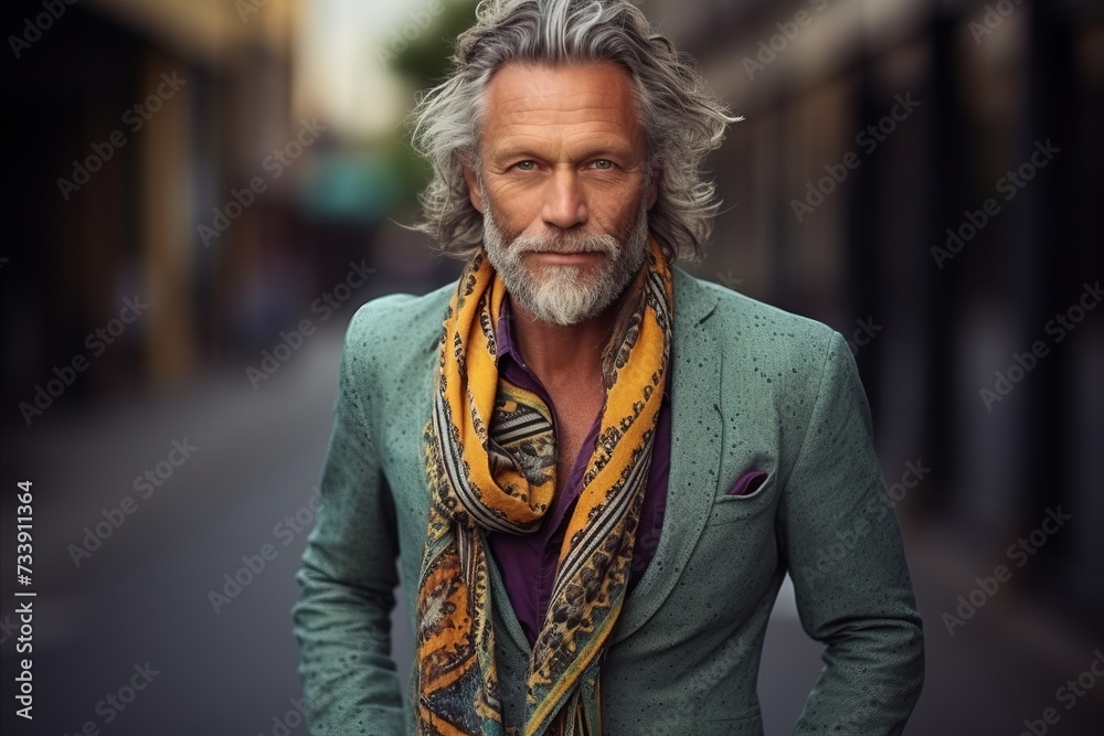 Portrait of a handsome senior man with long grey hair and beard
