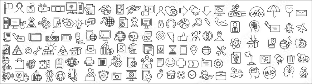 Set of various outline icons of varied themes, documents, people. sustainability, editable linear icons collection, vector illustration. Set of various outline icons of varied themes, documents, people. sustainability, editable linear icons collection, vector illustration.