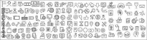 Set of various outline icons of varied themes, documents, people. sustainability, editable linear icons collection, vector illustration.