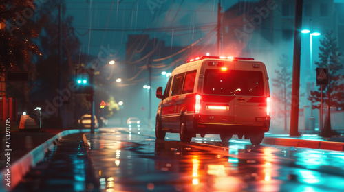 a medical emergency ambulance car driving with red lights on through the city on a road in the night  photo