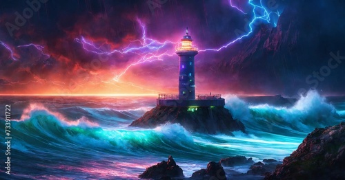 Lighthouse in the sea. Generative Ai Illustration.