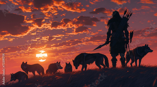 Silhouette of a warrior with a pack of wolves. 