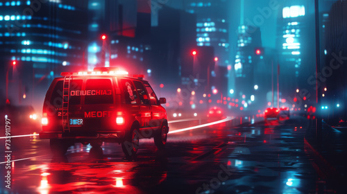 a medical emergency ambulance car driving with red lights on through the city on a road in the night 