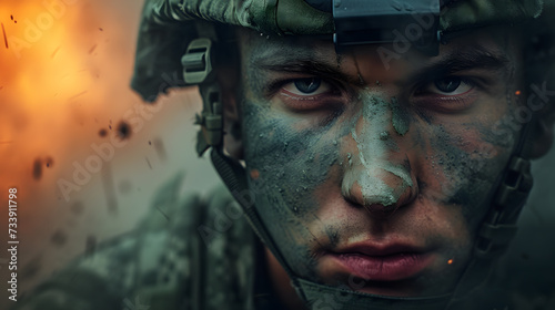 Dramatic close up portrait of soldier in helmet. Concept of a man at war