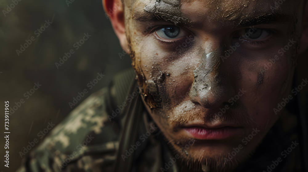 Dramatic close up portrait of soldier in helmet. Concept of a man at war Dramatic close up portrait of soldier in helmet. Concept of a man at war