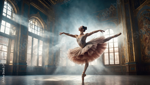young and graceful ballet dancer in white tutu is performing choreography on theater stage under dramatic lights