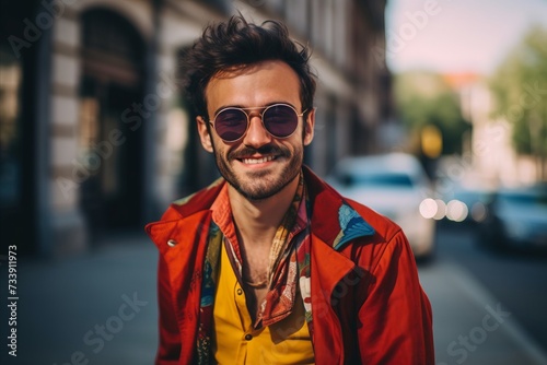 Portrait of a handsome young man wearing sunglasses in the city.