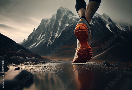 Close-up at the runner feet is start running forward to the beautiful view of mountain. Generative AI photo