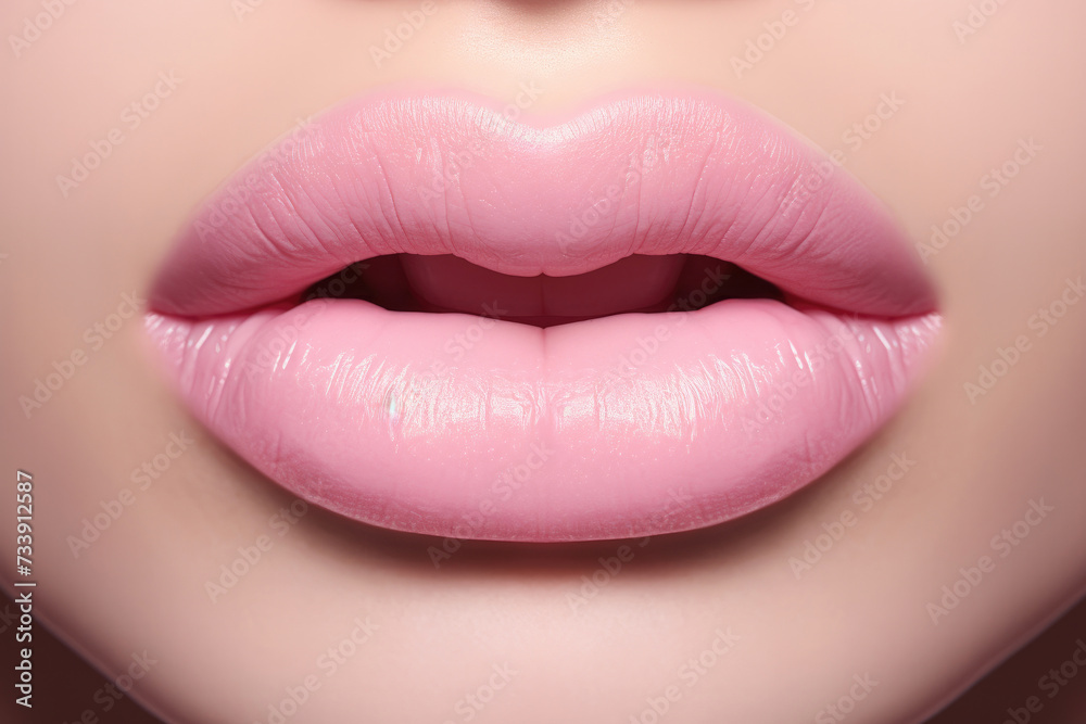 Delicate pink plump female lips. Realistic lips with white teeth close-up. Copy space. space for text Delicate pink plump female lips. Realistic lips with white teeth close-up. Copy space. space for text