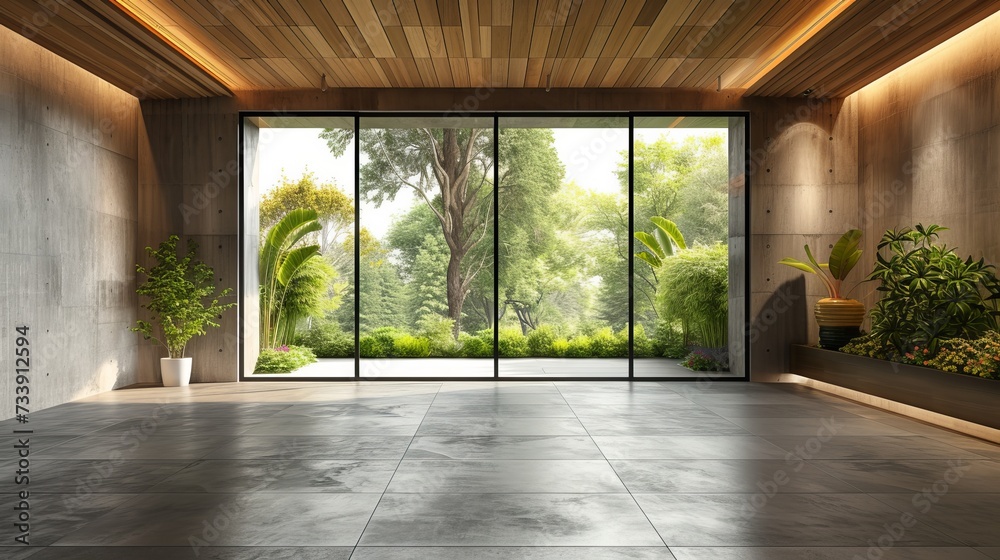Modern contemporary loft empty room with large panoramic window overlooking a green garden. Modern contemporary loft empty room with large panoramic window overlooking a green garden.
