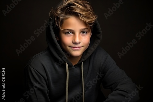 Portrait of a young boy in a hoodie on a dark background