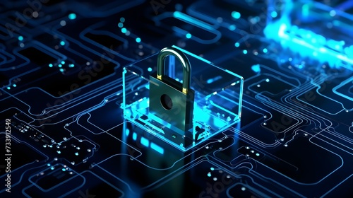 Cybersecurity and privacy concepts to protect data. A lock on a motherboard to protect data. Cyber security concept.