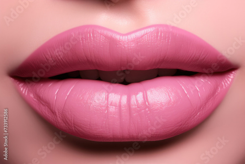 Delicate pink plump female lips. Realistic lips with white teeth close-up. Copy space. space for text