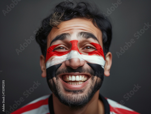 Euphoric National EGYPT Team Fan with painted country flag colors face excited Roaring Supporting songs their favorite team straight at the camera. Active sport fans movement and human emotion © Soloviova Liudmyla