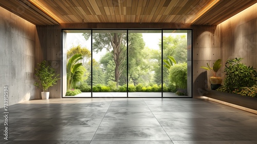 Modern contemporary loft empty room with large panoramic window overlooking a green garden. © Luiri Art