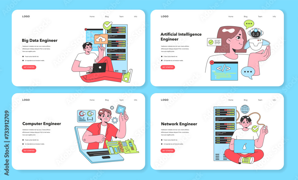 A set of vibrant vector illustrations showcasing IT professionals: a Big Data Engineer with analytics tools, an AI Engineer with a friendly robot, a Computer Engineer at work, and a Network