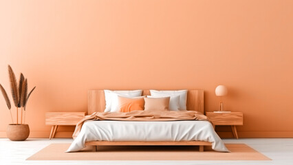 Wandcirkels Pantone 2024 Peach Fuzz Modern minimalist bedroom interior with soft peach fuzz color empty wall. Modern trendy tone hue shade  © Cherstva