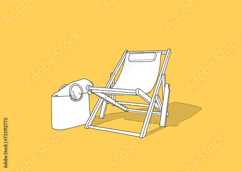 Hand-drawn deckchair with beach bag as a line drawing filled in white on a sunny background
