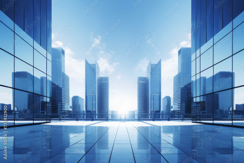 Modern glass cityscape with a symmetrical view of towering skyscrapers reflecting on the glossy surface of a foreground building. Business finance concept