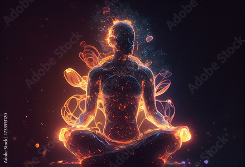 3D illustration of astral glow of a meditating yogi. Generative AI © Endellion