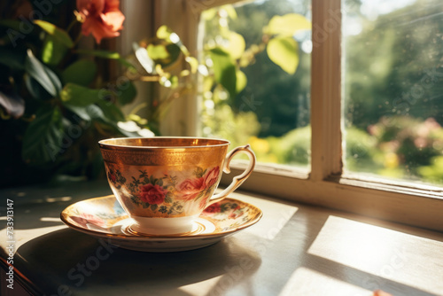 An ornate teacup on a windowsill illuminated by natural light with a view of greenery outside. Cozy home concept